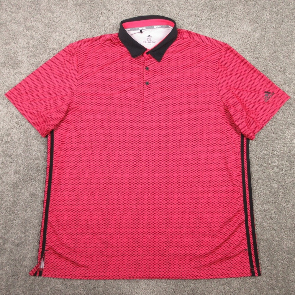 Adidas Polo Shirt Mens 2XL Pink Geometric Striped Performance Golf Wicking EUC‎